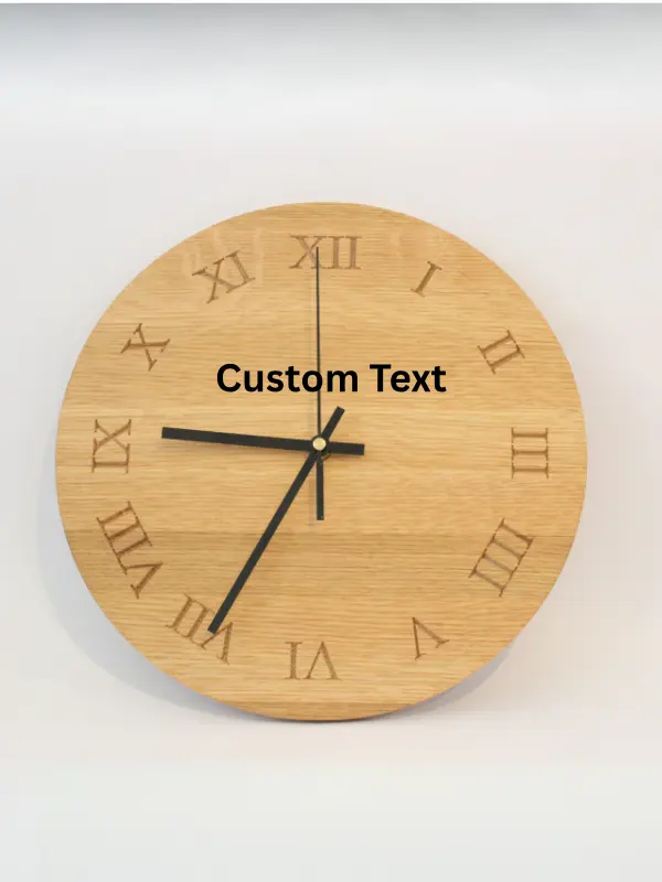 Handmade oak clock engraved with Roman numerals I to XII, A personalised wooden wall clock with optional engraving for names, dates, messages, or logos.