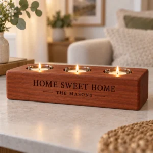 CND-HOME-001-MAH Mahogany Home Sweet Home Triple Tealight Holder