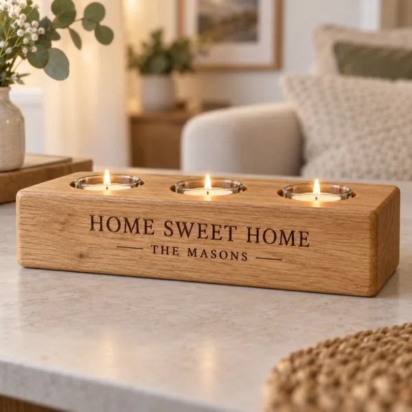 CND-HOME-001-OAK Oak Home Sweet Home Triple Tealight Holder
