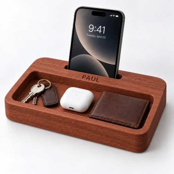 TRAY-DOCK-001-MAH Mahogany Personalised Desk Dock & Catch-All Tray